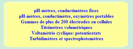 pH-mtres, conductimtres fixes
pH-mtres, conductimtre, oxymtres portables
Gammes de plus de 200 lectrodes ou cellules
Titrimtres volumtriques
Voltamtrie cyclique: potentiostats
Turbidimtres et spectrophotomtres
